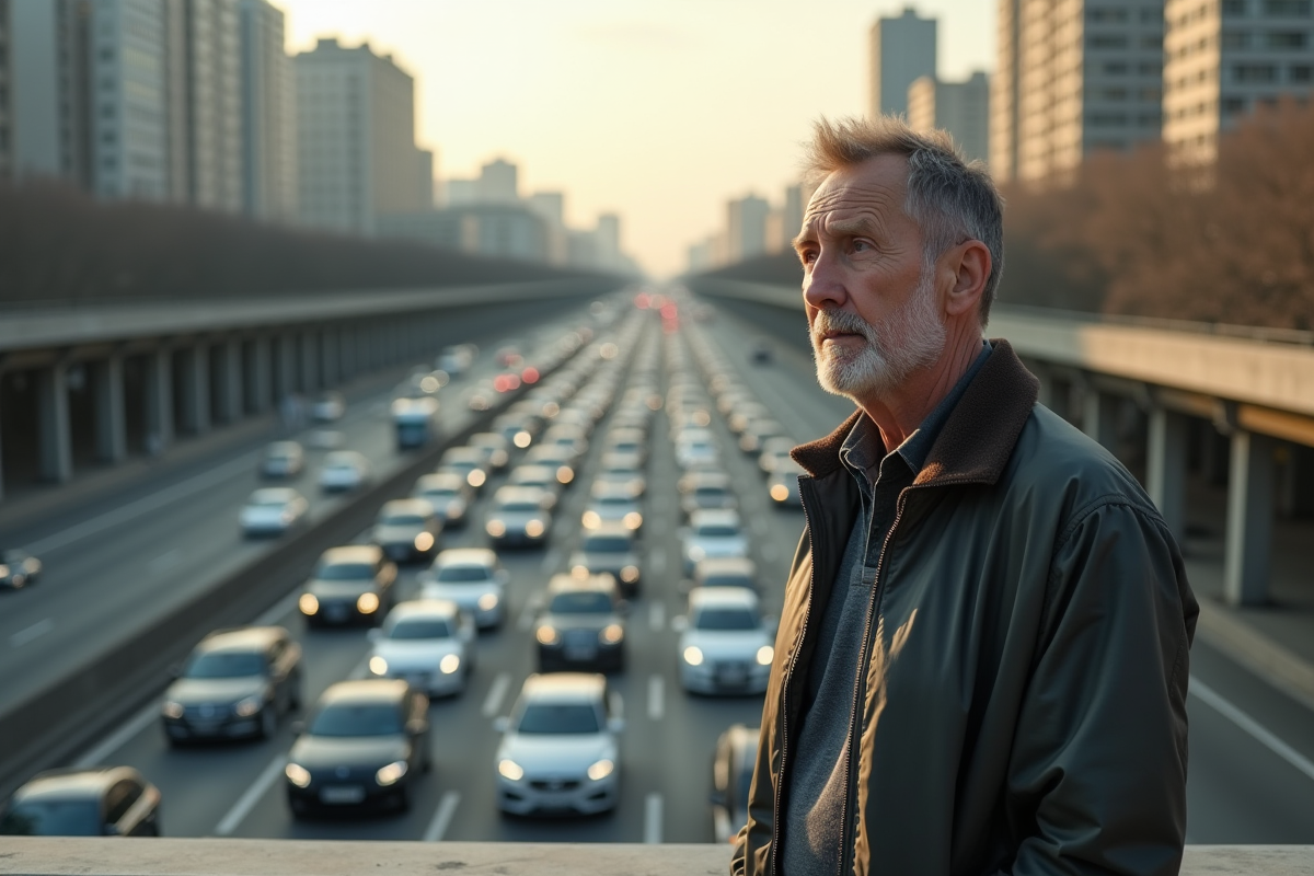 Homme d'âge moyen sur un pont urbain regardant la circulation