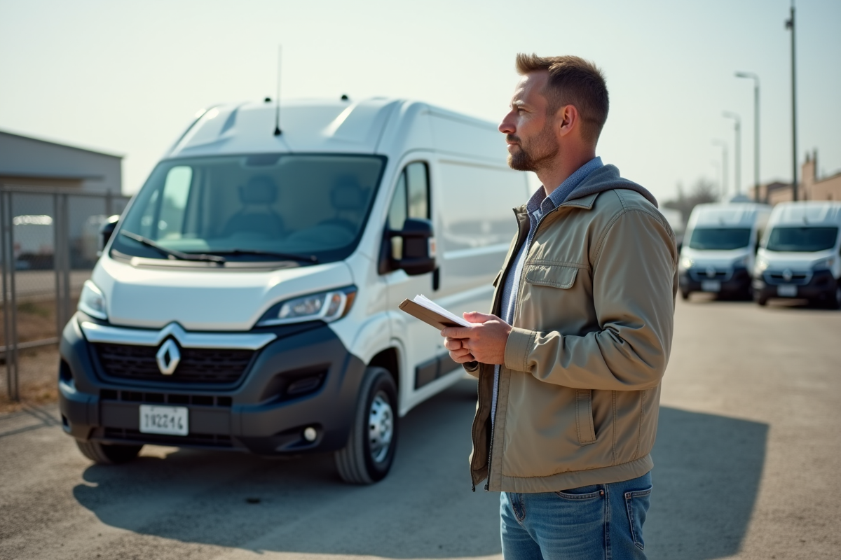 Homme examine un van utilitaire d'occasion en concession