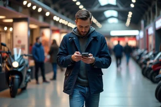 Homme en veste navy vérifiant son téléphone au salon du 2 Roues