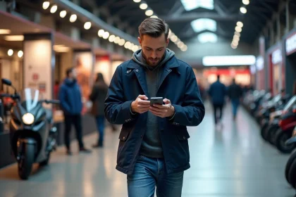 Homme en veste navy v&eacute;rifiant son t&eacute;l&eacute;phone au salon du 2 Roues