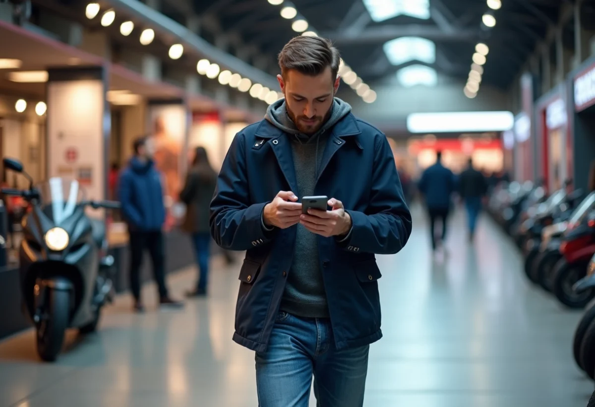 Homme en veste navy vérifiant son téléphone au salon du 2 Roues
