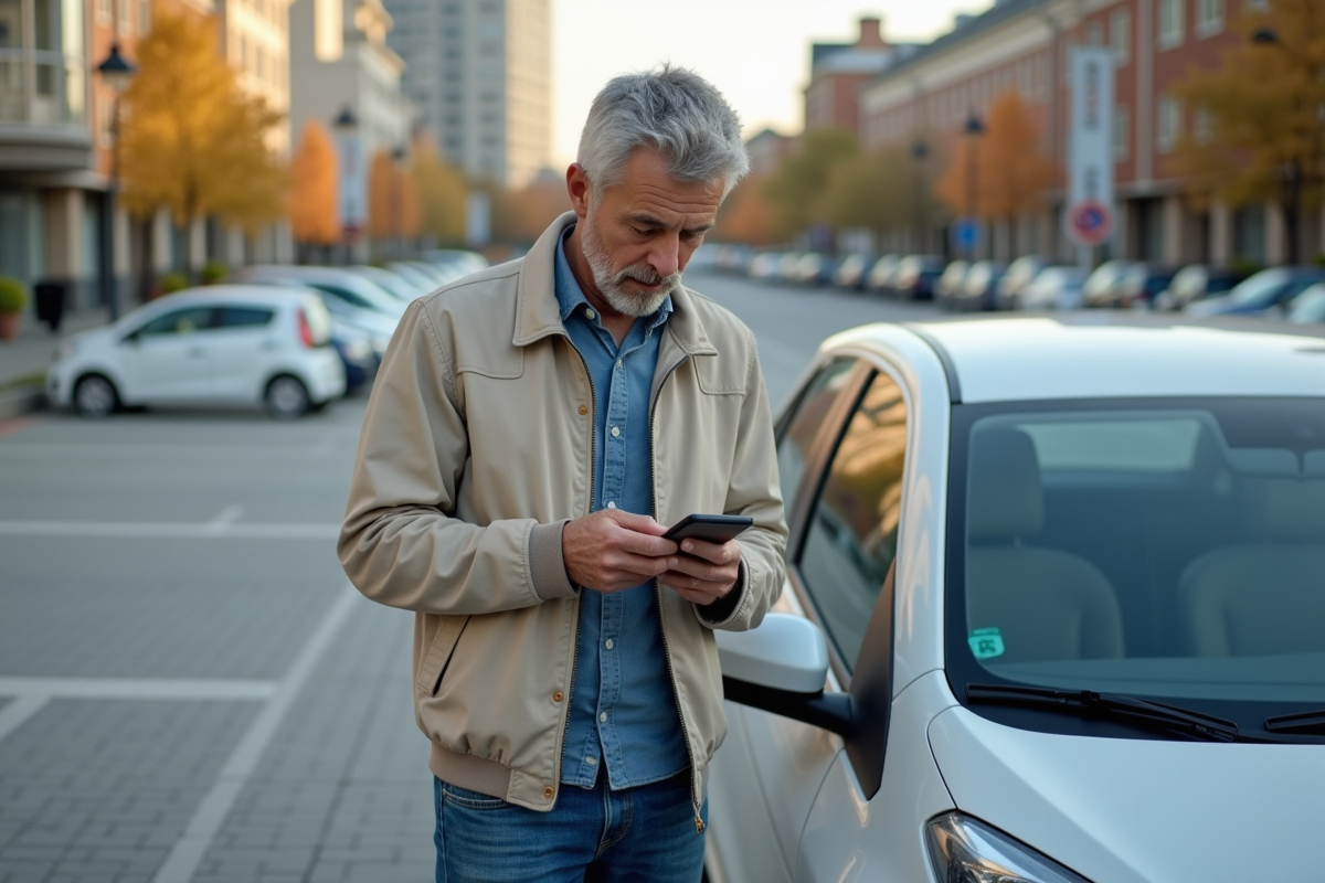 Homme vérifie des informations sur son smartphone à côté de sa voiture
