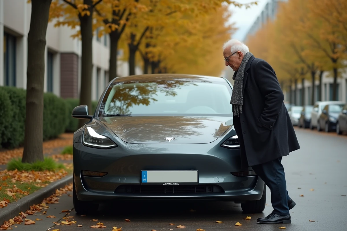 Homme &acirc;g&eacute; regarde une voiture &eacute;lectrique dans un lot