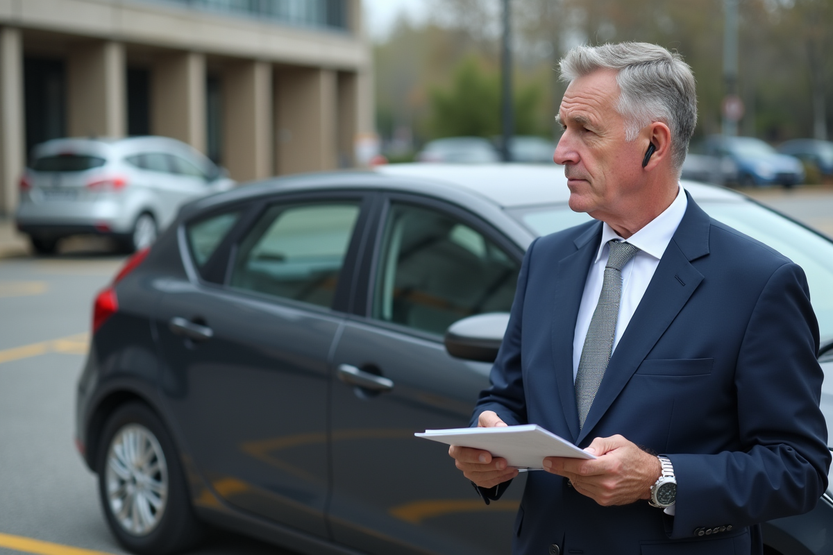 Homme d'âge moyen parlant au téléphone après accident voiture