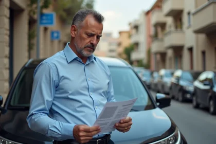 Homme d'&acirc;ge moyen avec document d'assurance devant une voiture urbaine