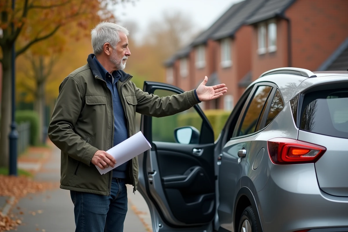 Homme d'âge moyen avec SUV en automne devant maison