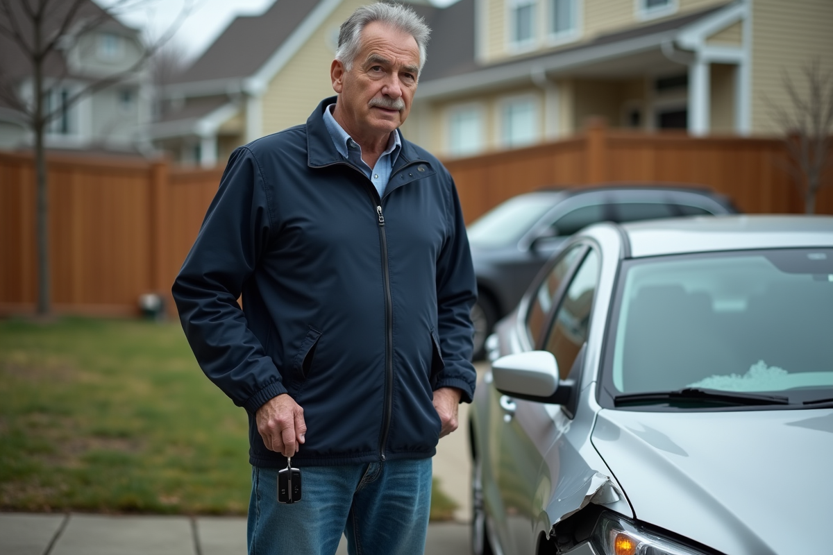Homme d'âge moyen avec clés près d'une voiture endommagée