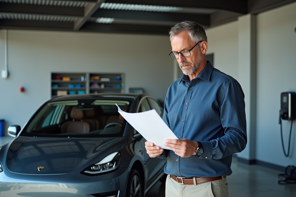 Homme d'affaires vérifiant une checklist à côté d'une voiture électrique