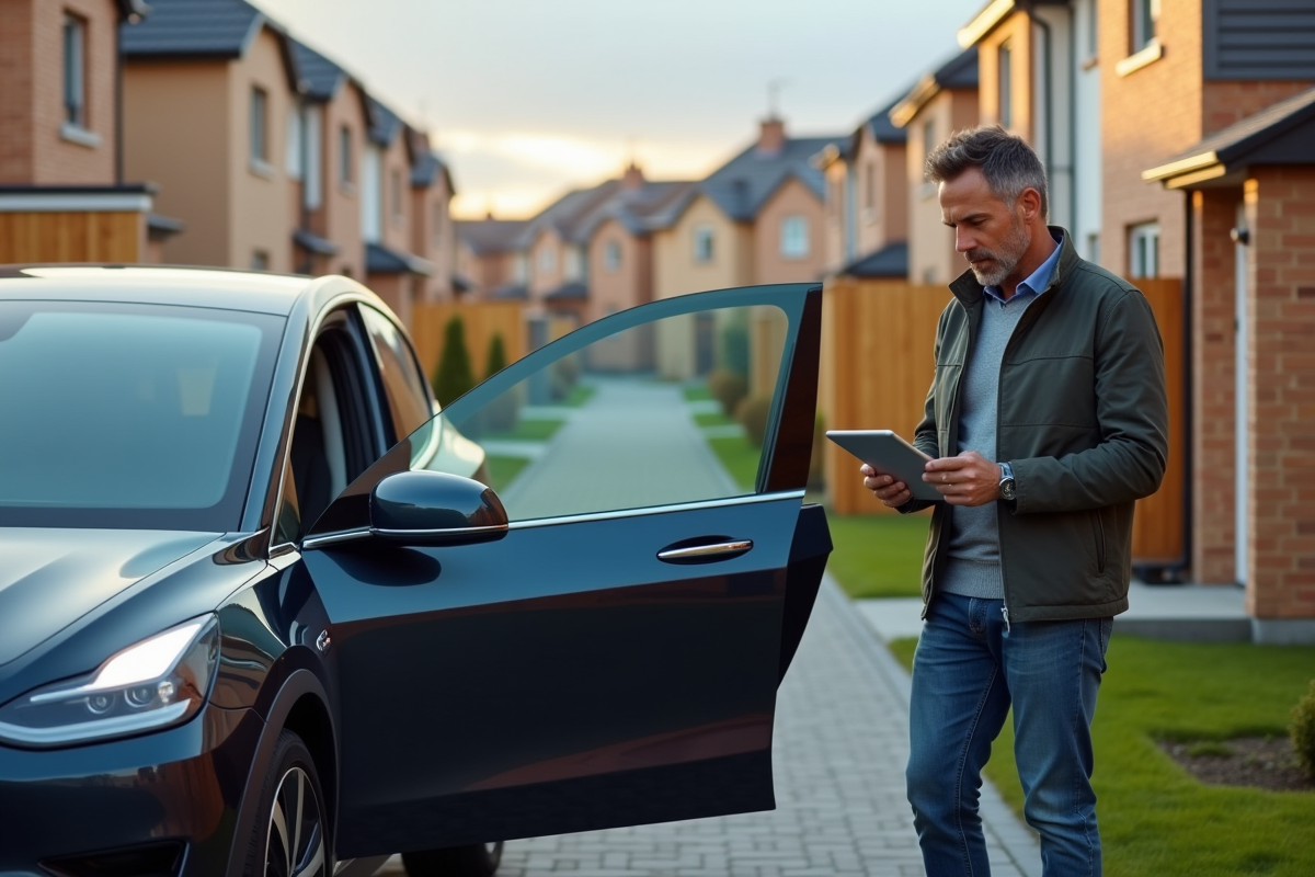 Homme vérifiant une tablette près d'une voiture électrique moderne