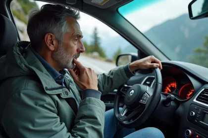 Homme examine le symbole de freinage sur le tableau de bord en montagne