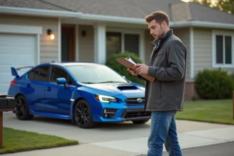 Homme en extérieur près d'une Subaru bleue stationnée