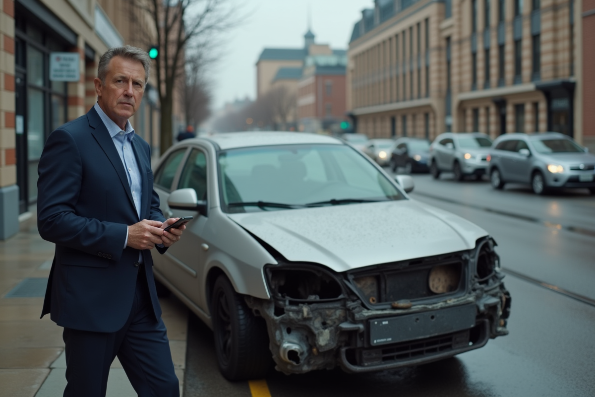 Homme d'affaires parlant au téléphone près d'une voiture endommagée en ville