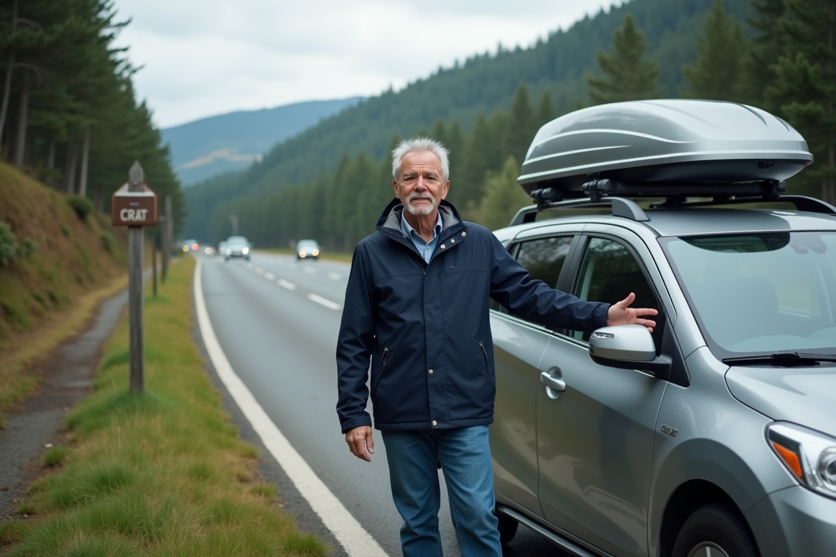 Homme en windbreaker près de sa voiture avec coffre sur une route panoramique