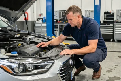 Ingénieur automobile examinant le moteur d'une berline moderne dans un garage professionnel, illustrant la puissance en kilowatts et chevaux