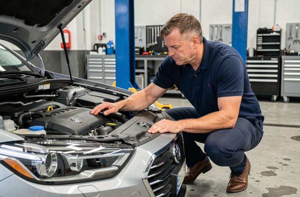Ingénieur automobile examinant le moteur d'une berline moderne dans un garage professionnel, illustrant la puissance en kilowatts et chevaux