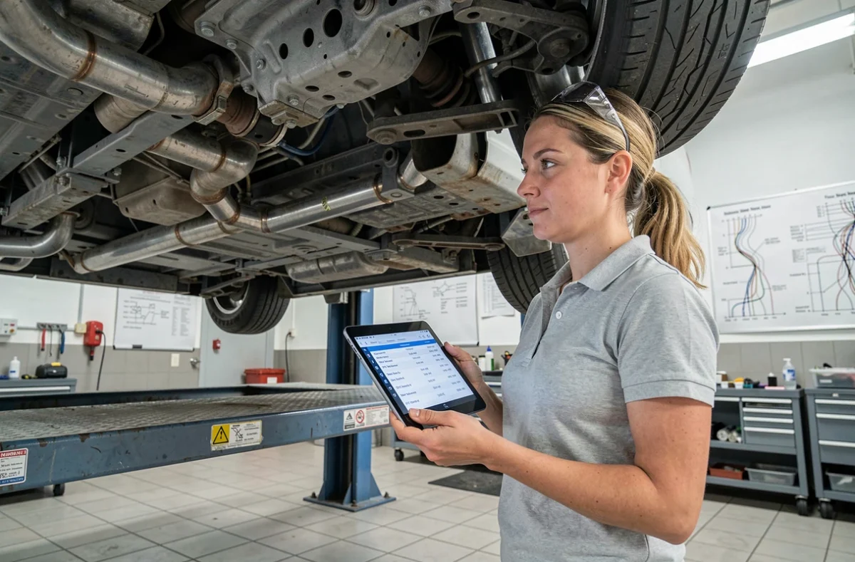 Ingénieure automobile analysant les codes de défaut DTC sur une tablette devant un véhicule surélevé en centre de service