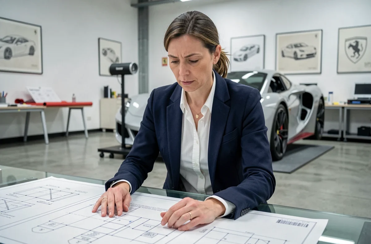 Ingénieure Ferrari étudie des plans techniques dans le studio de design moderne de Maranello