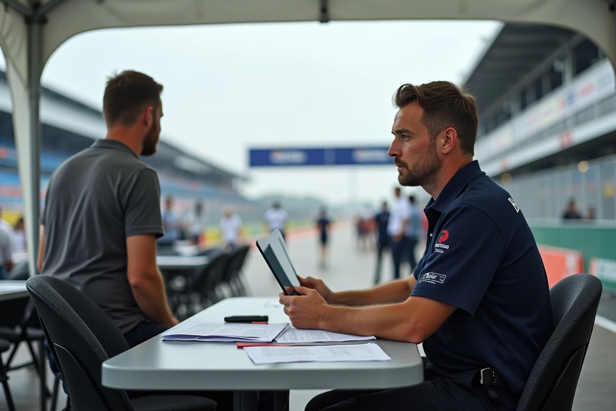Administrateur d'un stage de pilotage vérifiant les documents d'assurance et d'inscription d'un participant dans le paddock