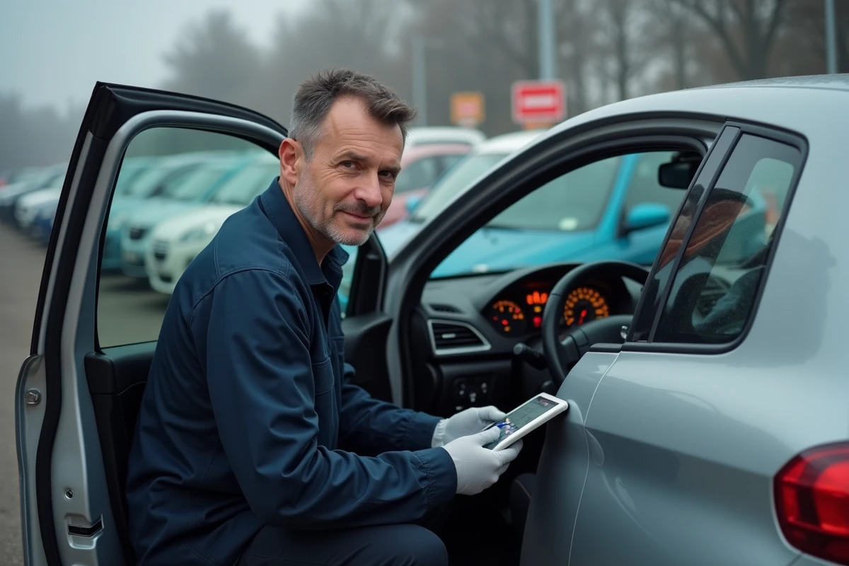 Inspecteur automobile examinant le tableau de bord et le compteur kilométrique d'une Peugeot 208 grise dans un parking de concessionnaire d'occasion