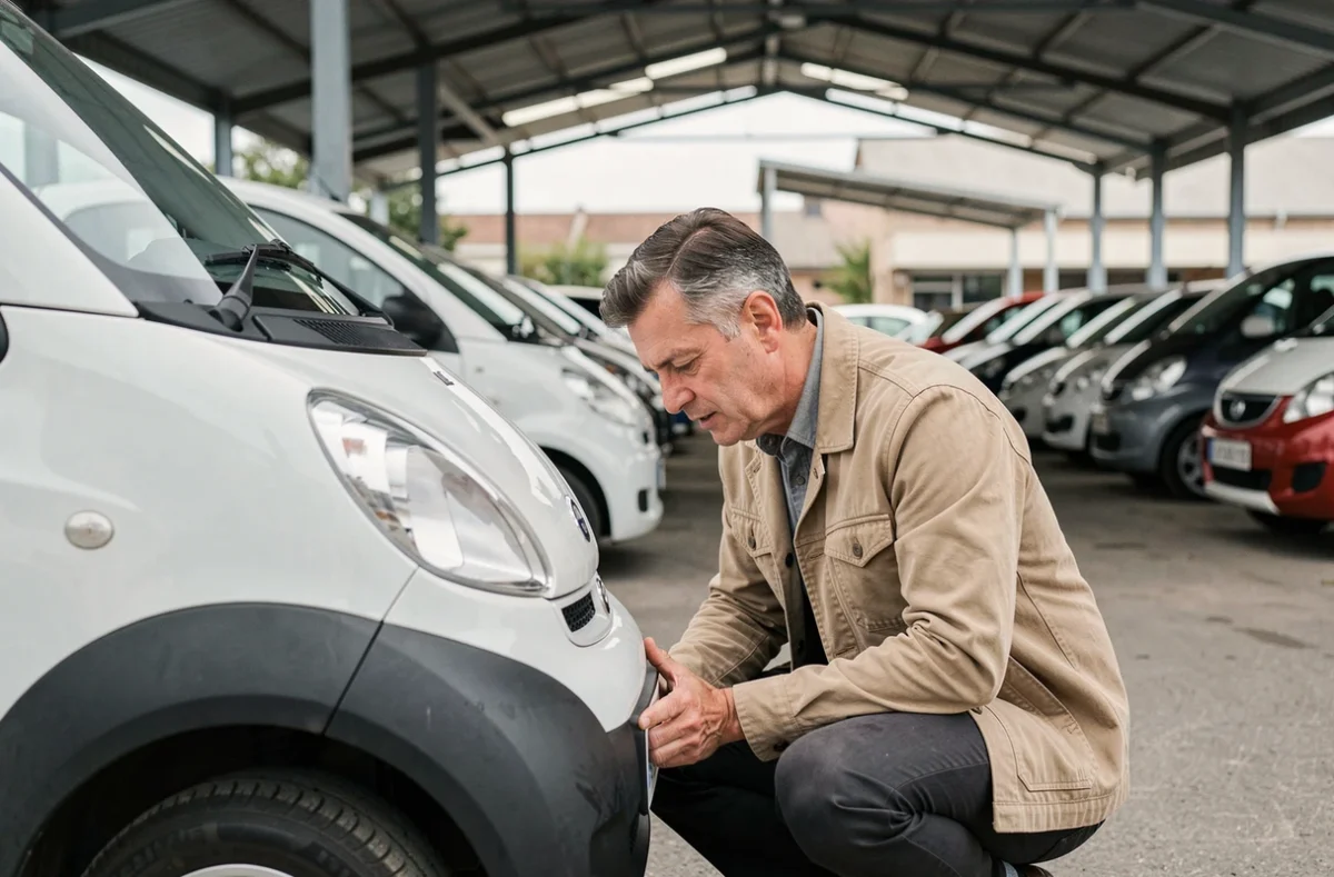 Homme inspectant une voiture sans permis Bellier d'occasion dans un lot de concessionnaire