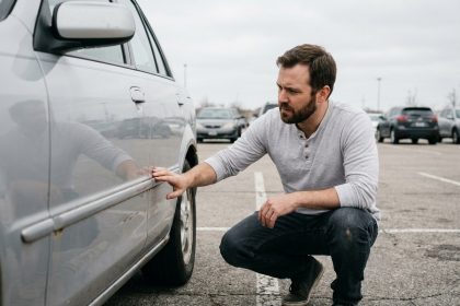 Homme inspectant la carrosserie d'une voiture d'occasion dans un parking pour détecter la rouille et les bosses