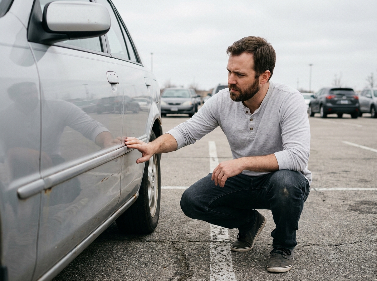 Homme inspectant la carrosserie d'une voiture d'occasion dans un parking pour détecter la rouille et les bosses