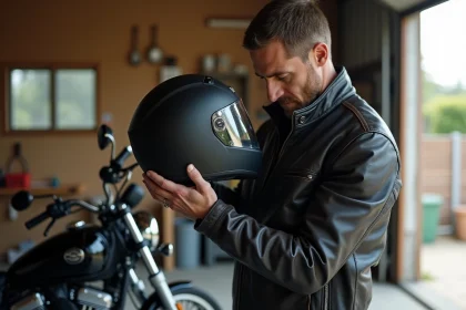 Motard inspectant un casque LS2 intégral dans un garage, vérifiant l'état de la visière et du rembourrage intérieur