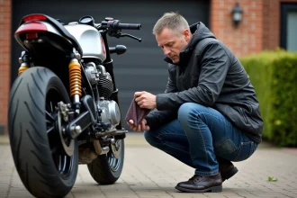 Homme inspectant la chaîne d'une moto CB Boldor 900