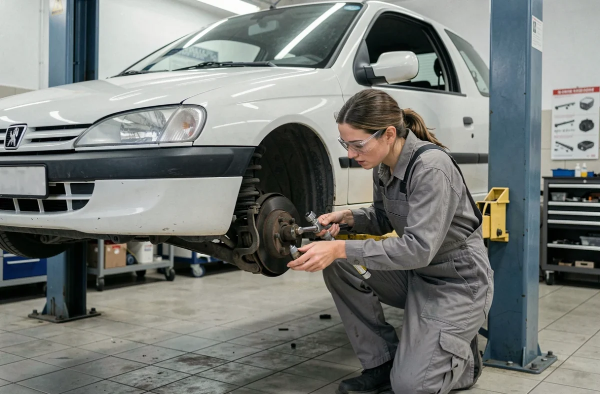 Technicienne automobile installant un kit maxi sur une Peugeot 306 blanche sur pont élévateur dans un centre auto professionnel