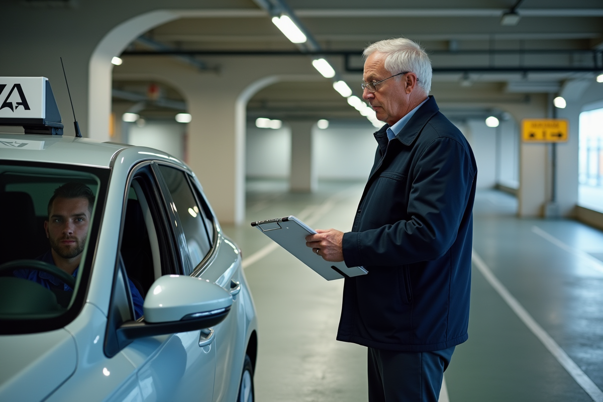 Instructeur de conduite observant un examen dans un parking