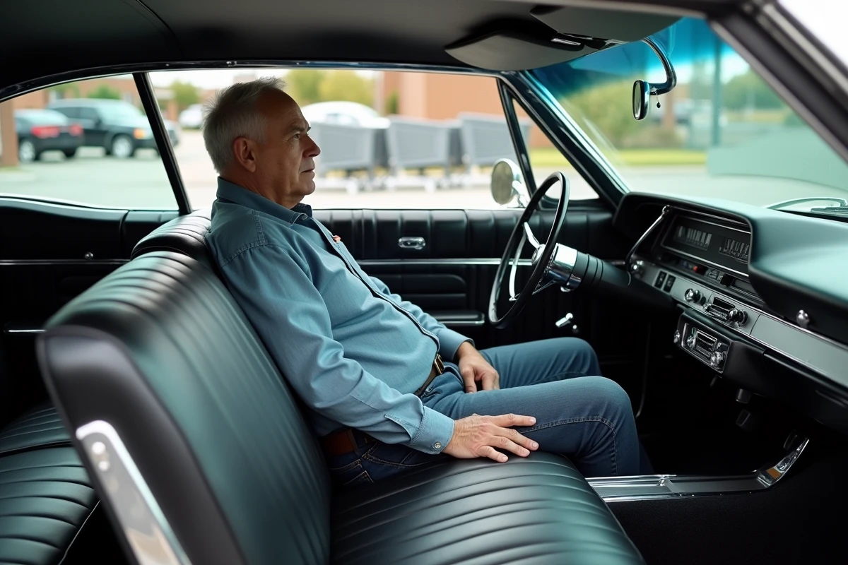 Intérieur de la Chevrolet Impala 1967 4 portes avec banquette avant noire et tableau de bord d'époque, conducteur décontracté au volant