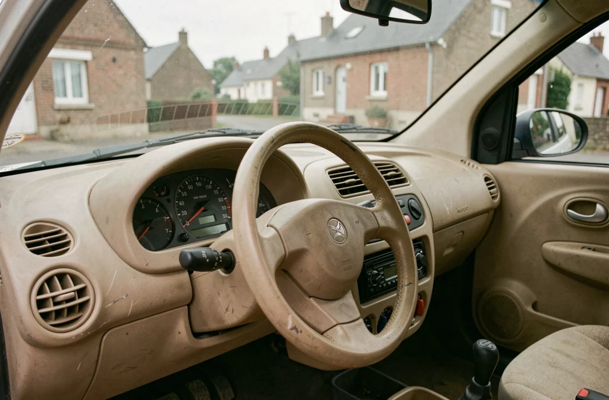 Tableau de bord intérieur d'une voiture sans permis d'occasion avec usure visible et vue sur rue du Nord