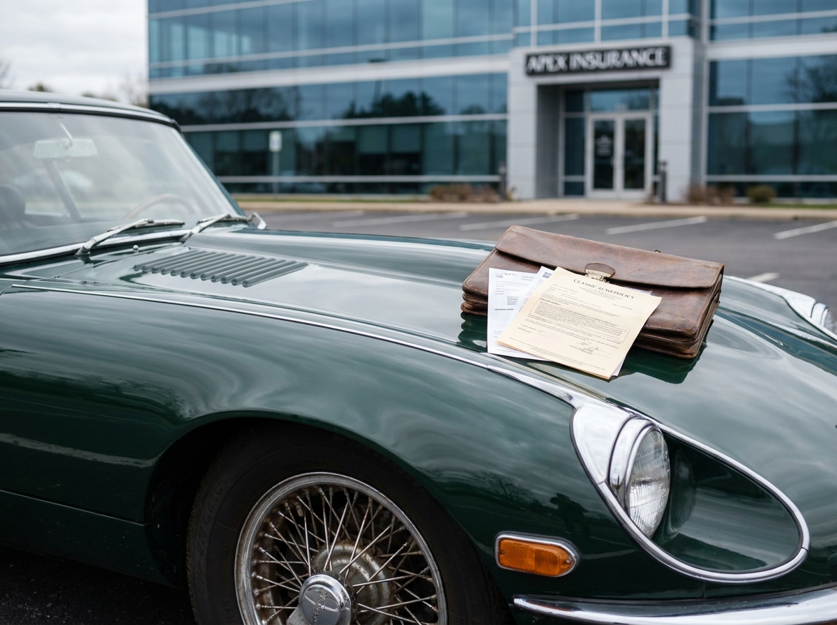 Détail d'une Jaguar E-Type verte garée devant une agence d'assurance avec des documents sur le capot, assurance voiture ancienne de collection