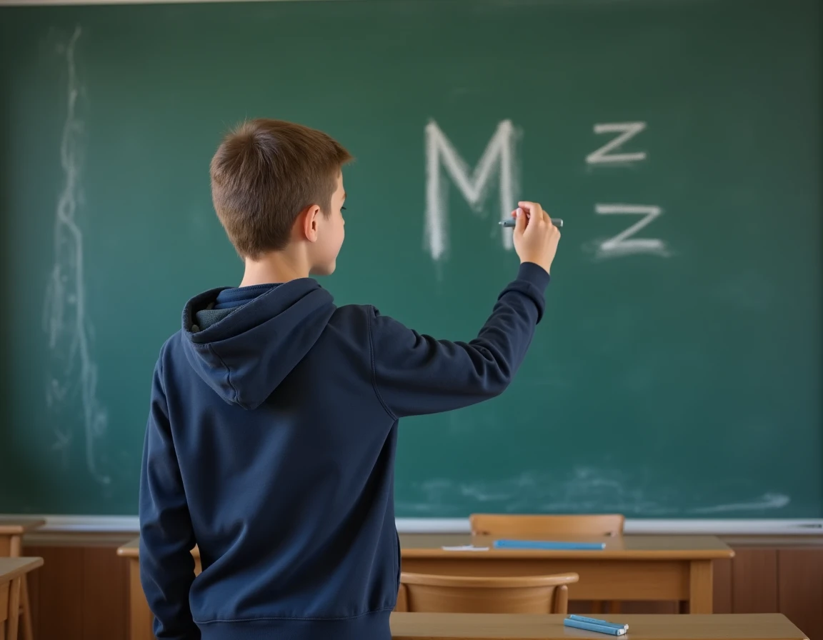 Adolescent jouant au jeu du pendu au tableau noir avec la lettre M dans une salle de classe