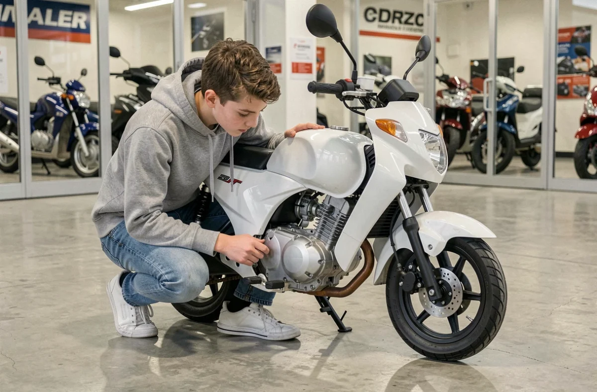 Jeune homme de 14 ans inspectant une moto 50cc blanche dans une concession spécialisée