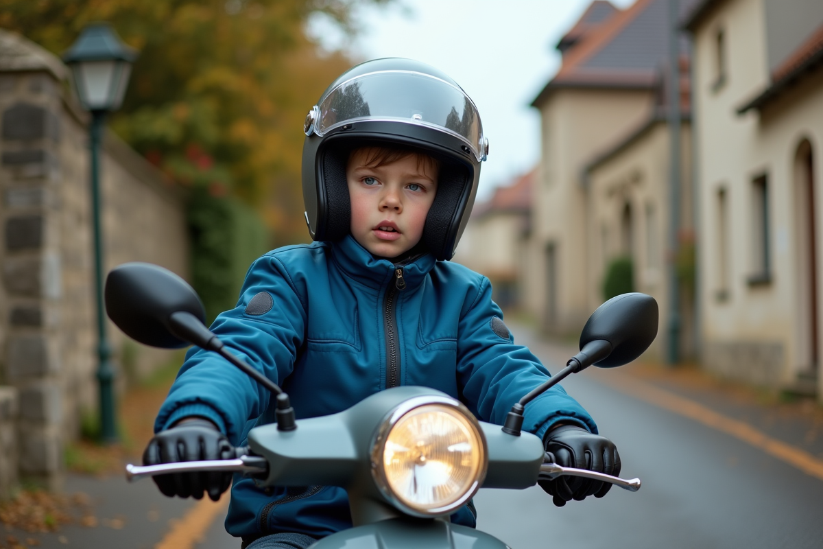 Jeune garçon de 14 ans sur une mobylette dans une rue tranquille