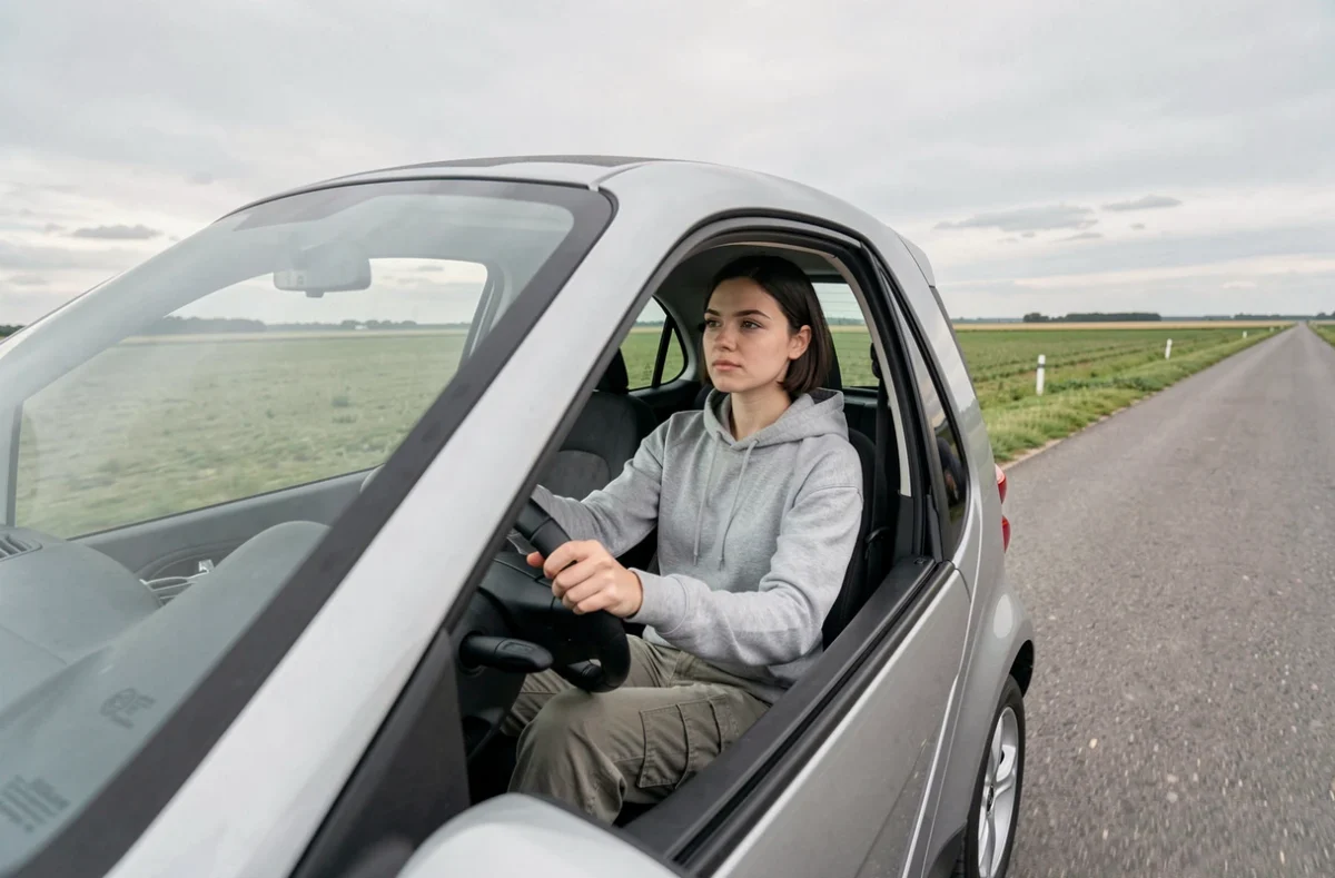 Jeune femme conduisant une voiture sans permis sur une route rurale plate de la région Nord-Pas-de-Calais