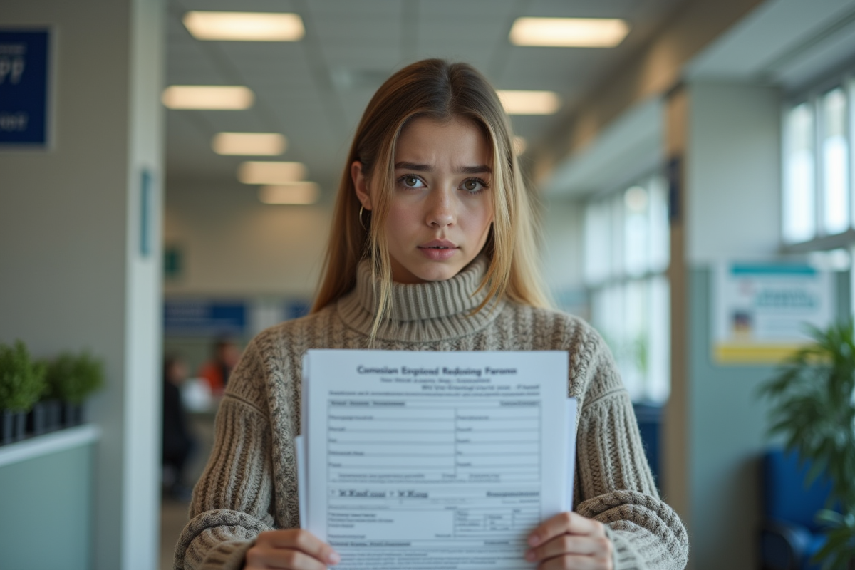 Jeune femme tenant un formulaire de cession à un comptoir administratif