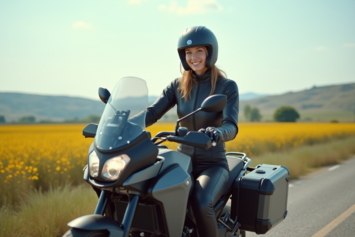 Jeune femme souriante dans un sidecar de moto aventure