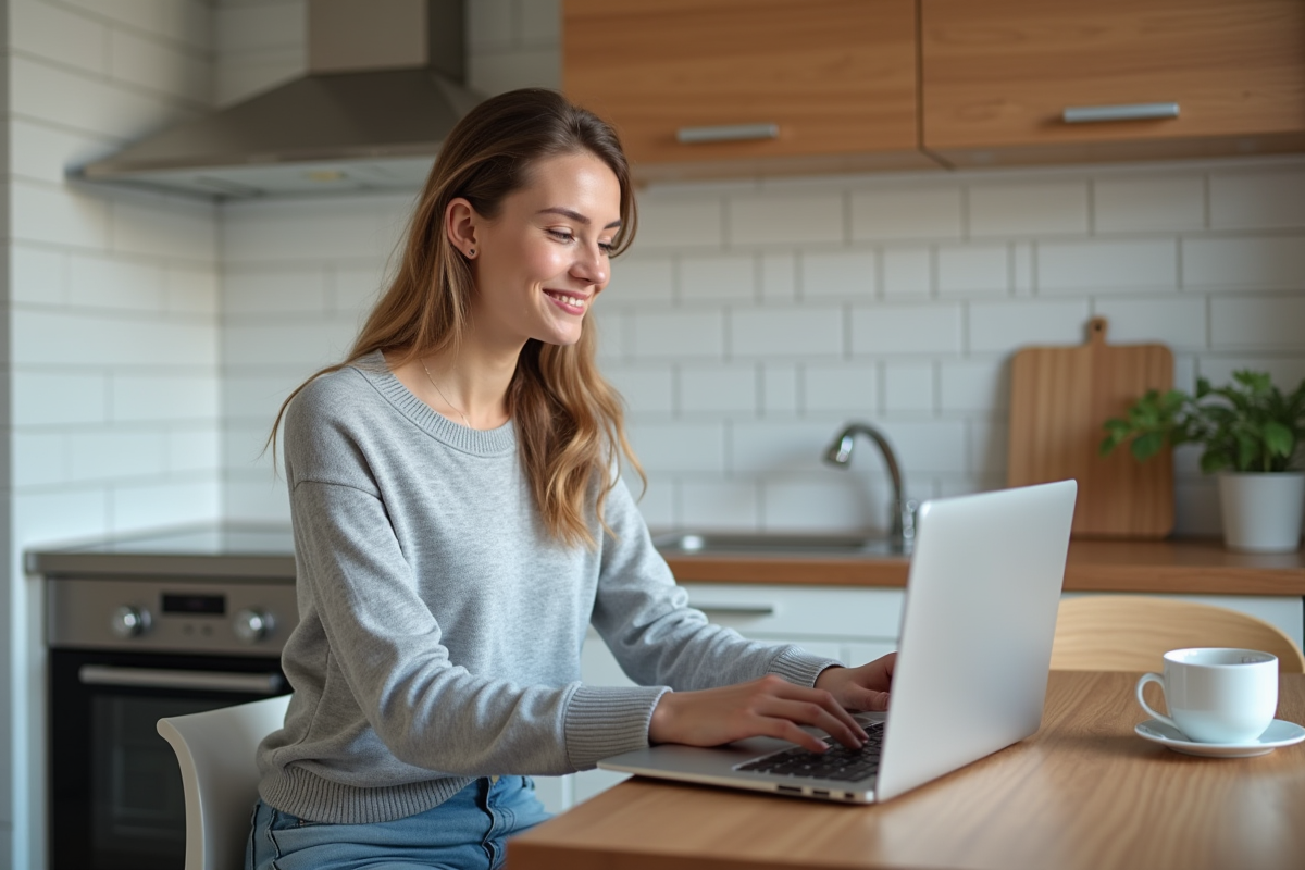 Jeune femme utilisant son ordinateur pour comparer assurances