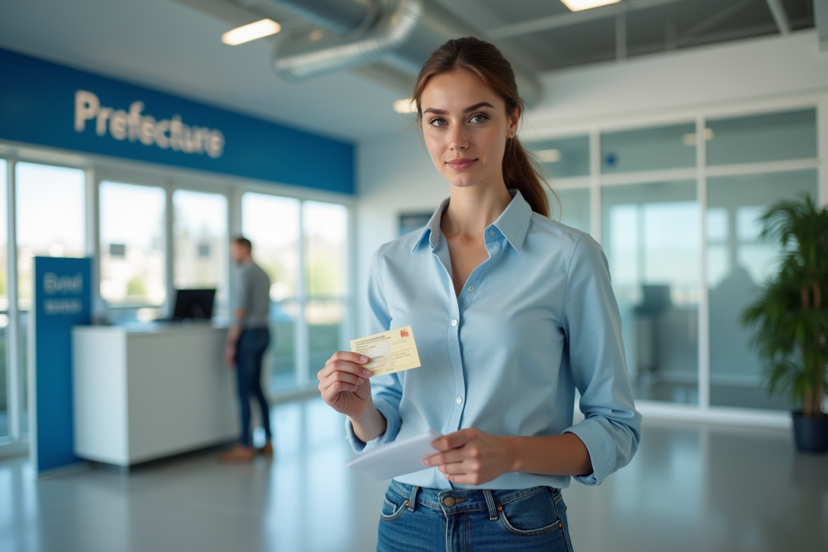 Jeune femme tenant son permis de conduire devant la prefecture