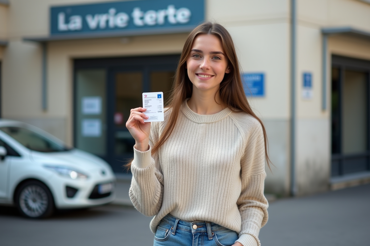 Jeune femme souriante avec permis de conduire français