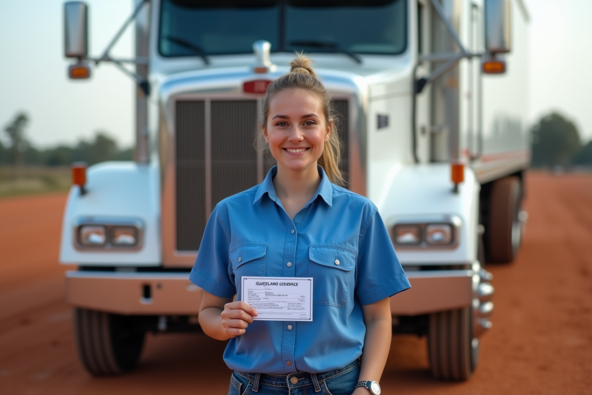 Jeune femme avec permis devant un gros camion blanc