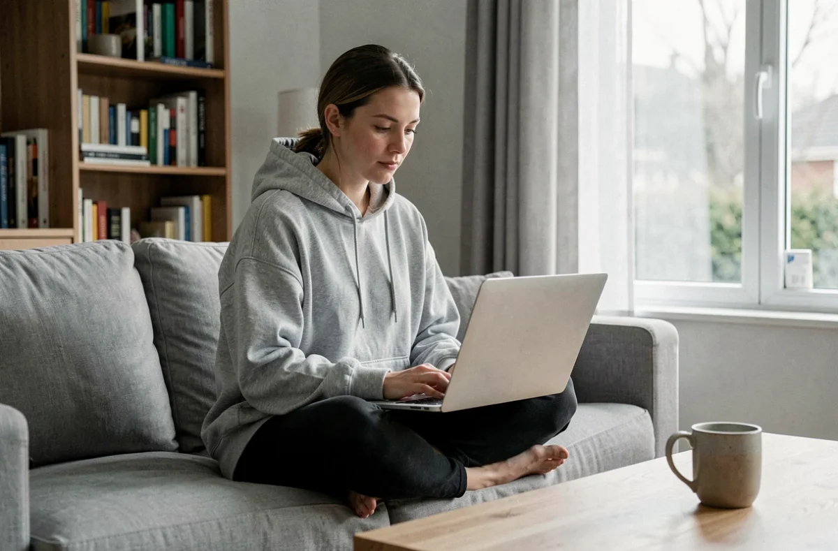 Jeune femme cherchant une nouvelle assurance auto sur son ordinateur portable depuis son canapé