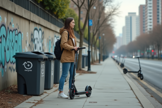 Jeune femme recyclant un escooter cassé en ville