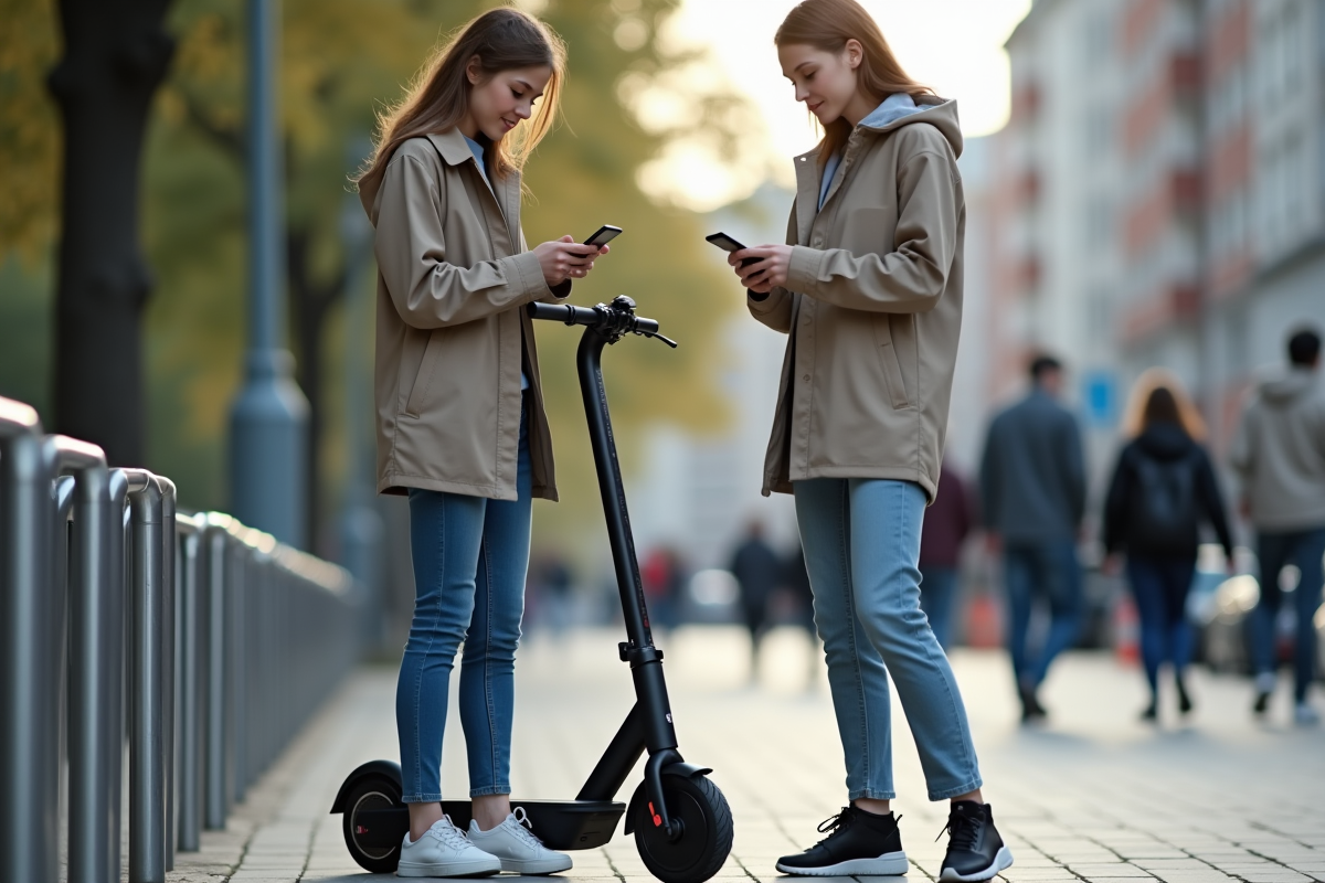 Jeune femme avec scooter électrique en ville