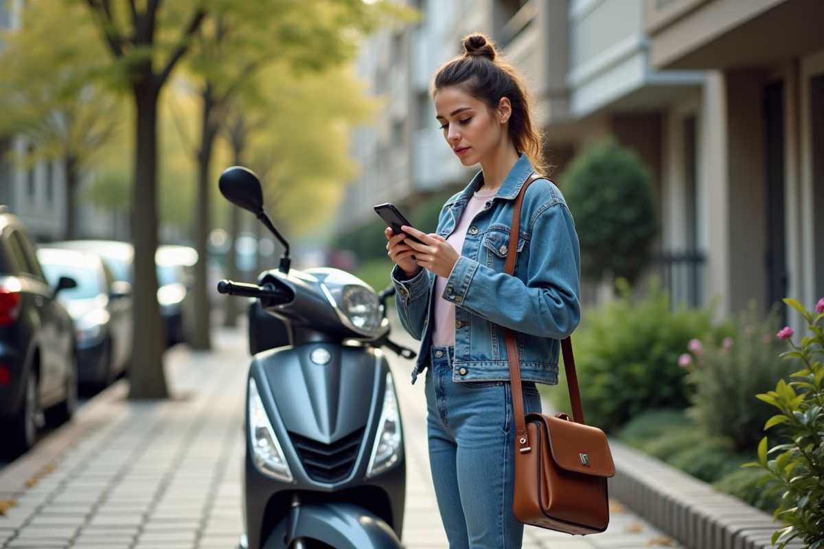 Jeune femme avec smartphone et scooter en ville