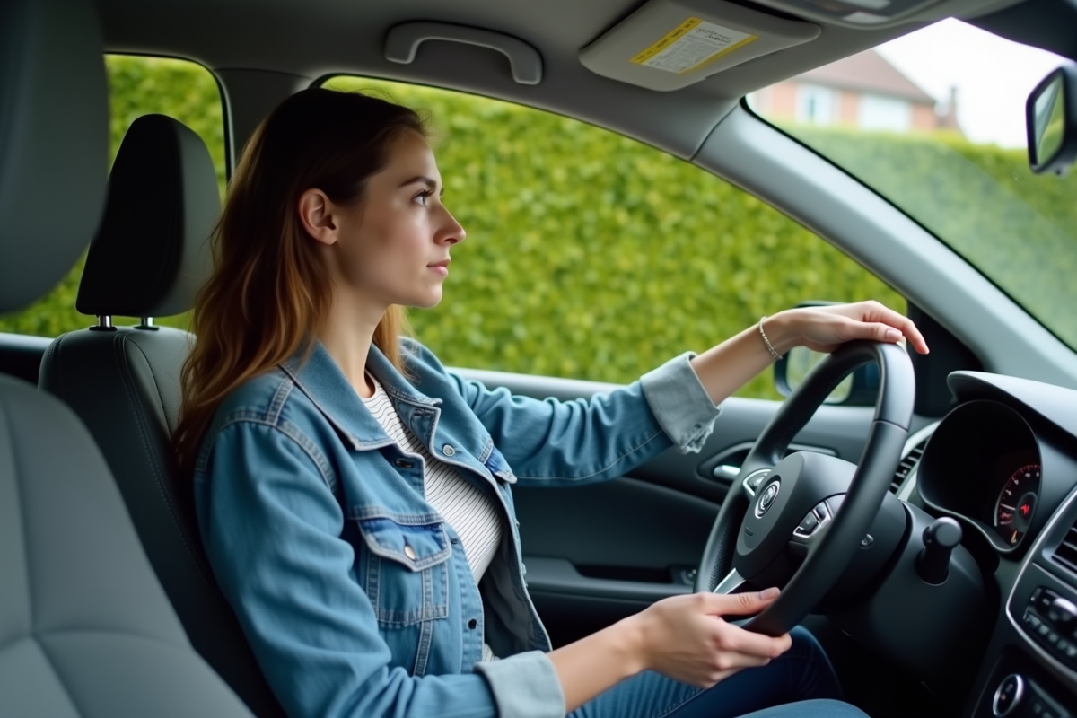 Jeune femme dans une voiture regardant le compteur