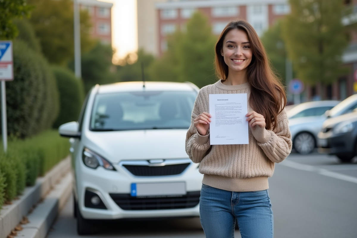 Jeune femme souriante avec certificat d exemption près de sa voiture