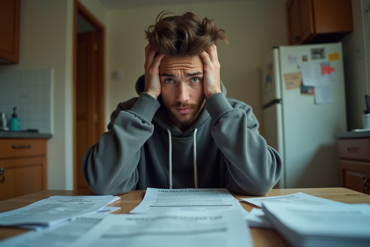 Jeune homme pensif avec factures et avis de fourrière